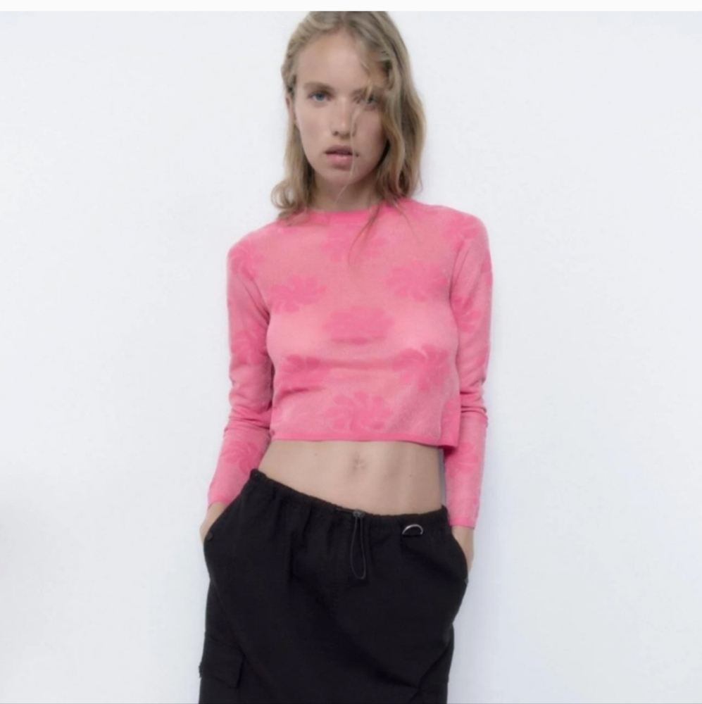 Zara Long Sleeve Pink Floral Semi Sheer Crop Top Sweater Size S